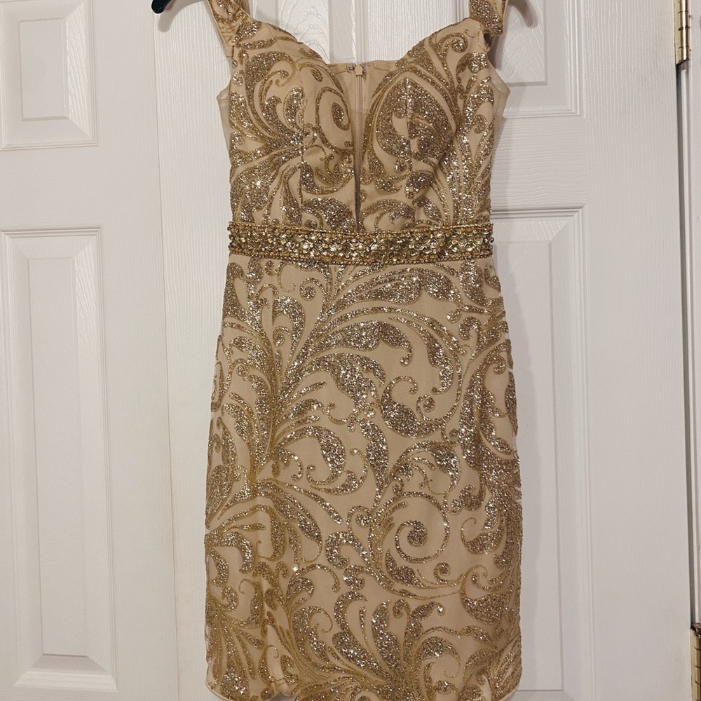 Gold embroidered, off the shoulder, homecoming dress, size small.